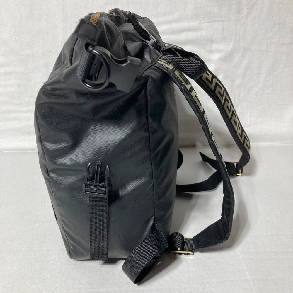 Versace Parfums Black Backpack Tote Bag Gold Greek Key Straps‎